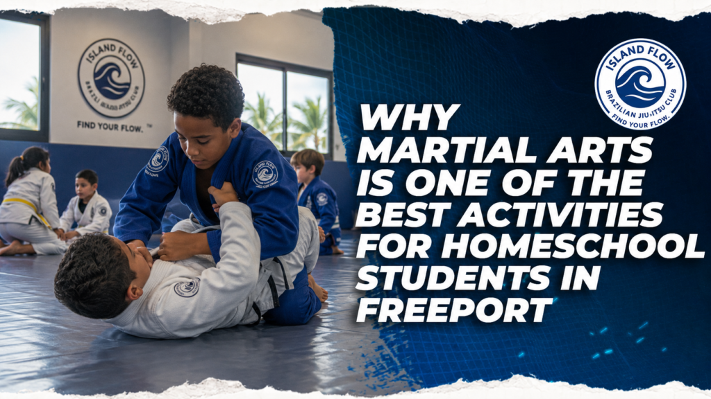 Kids practicing Brazilian Jiu-Jitsu during a homeschool martial arts class at Island Flow Brazilian Jiu-Jitsu Academy in Freeport, Bahamas.