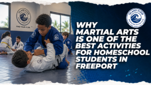 Kids practicing Brazilian Jiu-Jitsu during a homeschool martial arts class at Island Flow Brazilian Jiu-Jitsu Academy in Freeport, Bahamas.