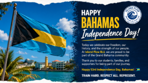 Happy Bahamas Independence Day from Island Flow BJJ with the Bahamian flag celebrating national pride in Grand Bahama.