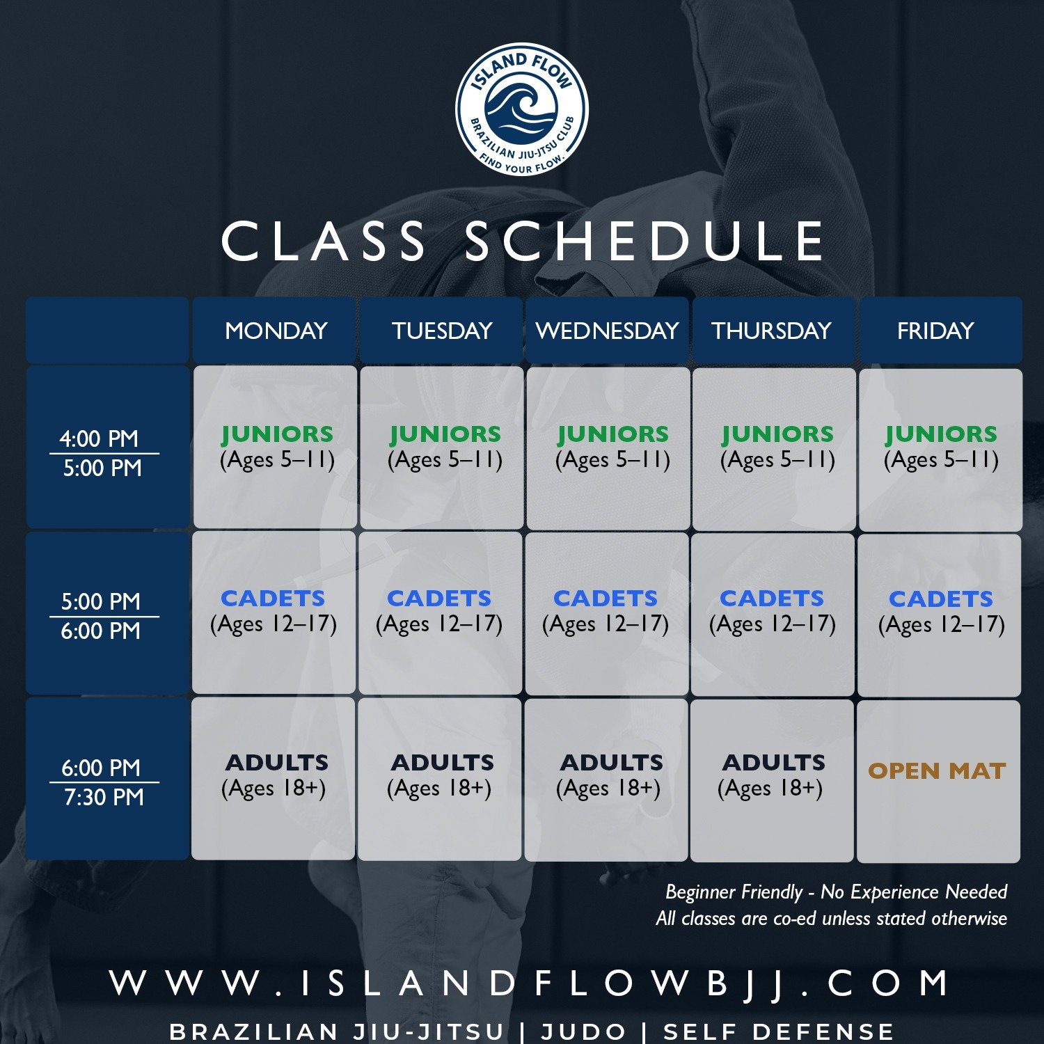 Island Flow BJJ weekly class schedule for Juniors, Cadets and Adults in Freeport Bahamas